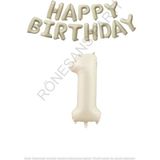 Bej Rengi Happy Bırthday ve Rakam Folyo Balon Seti Yaş 1