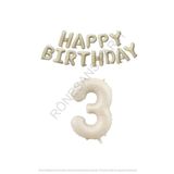 Bej Rengi Happy Bırthday ve Rakam Folyo Balon Seti Yaş 3