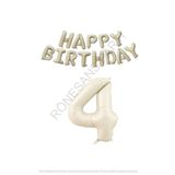 Bej Rengi Happy Bırthday ve Rakam Folyo Balon Seti Yaş 4