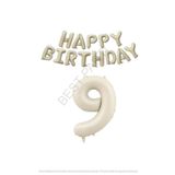 Bej Rengi Happy Bırthday ve Rakam Folyo Balon Seti Yaş 9