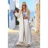 Bej Siyah Bordürlü Keten Kimono Pantolon Takım