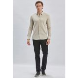Bej Uzun Kollu Biritli Yaka Biyeli Pamuklu Likralı Casual Slim Fit Dar Kesim Gömlek 1004240232