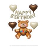 Bej ve Kahverengi Kalp Folyo Balon Oturan Ayı ve Happy Bırthday Folyo Balon Seti