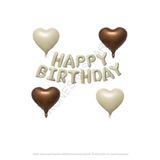 Bej ve Kahverengi Kalp Folyo Balon ve Happy Bırthday Folyo Balon Seti