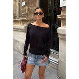 BEJNA Kadın Siyah Asimetrik Düşük Yaka Soft Triko Bluz