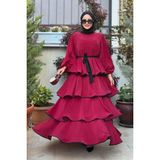 Bel Kuşaklı Kat Detay Elbise 6029 Bordo - 44