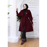 Bel Kuşaklı Yaka Taş Broş Detaylı Kaban 7874 Bordo - Standart