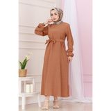 Beli Kuşaklı Luna Tesettür Elbise-Taba - 2