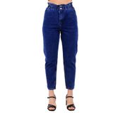 Beli Lastikli ve Yüksek Belli Cepli Astarsız Kadın Kot Pantolon Jean Koyu Mavi Denim