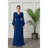 Beli Taşlı Şifon Kollu Krep Abiye Elbise 2784 - Indigo - 38