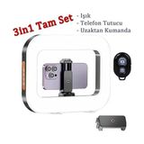 Belirtilmemiş 3in1 Şarjlı LED Ring Light Video Işık Seti Telefon Tutucu Bluetooth Kumandalı 20W 2500K-8500K Ayarlanabilir Işık CRI96+ Vlog Canlı Yayın Makyaj Çekim Işığı | RL-200