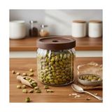 Belirtilmemiş Akasya Kapaklı Çizgili Cam Kavanoz (450 Ml) | Hava Geçirmez, Modern Fitilli Tasarım Gıda Saklama Kabı | Baharat, Kuruyemiş, Atıştırmalık ve Kahve Kavanozu (9X10 Cm)