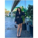 Belirtilmemiş Kadın Kemer Detaylı Blazer Ceket Dokuma Kumaş ile Casual Stil için Uzun Kol - Siyah