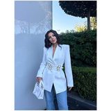 Belirtilmemiş Kadın Kemer Detaylı Blazer Ceket Uzun Kol Düz Dokuma Kumaş ile Casual Stil - Beyaz