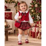 Belirtilmemiş Kız Bebek Yılbaşı Kombini 4 Parça – Kırmızı Peluş Yelek, Beyaz Gömlek, Ekose Etekli Şort ve Çantalı Özel Gün Takımı 9-24 Ay - 18 Ay - 000-Kırmızı