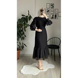 Belirtilmemiş Siyah Piliseli Şifon Tesettür Elbise - 2XL