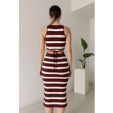 BELISTIL Bordo Beyaz Çizgili Triko Kolsuz Bağlama Detaylı Crop Bluz Etek Takım
