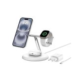 Belkin 3'ü 1 Arada Manyetik MagSafe Uyumlu Qi2 15W Kablosuz Şarj Standı, iPhone 16, 15, 14 ve 13 Serisi, AirPods, Apple Watch vb. için Hızlı Şarj Özellikli iPhone Şarj Cihazı (PSU dahil) - Beyaz