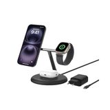 Belkin 3'ü 1 Arada Manyetik MagSafe Uyumlu Qi2 15W Kablosuz Şarj Standı, iPhone 16, 15, 14 ve 13 Serisi, AirPods, Apple Watch vb. için Hızlı Şarj Özellikli iPhone Şarj Cihazı (PSU dahil) - Siyah