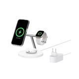 Belkin BoostCharge 3'ü 1 Arada Qi2 şarj cihazı, MagSafe uyumlu kablosuz şarj istasyonu, Apple iPhone 17 Serisi, Apple Watch, Kaymaz Tabanlı AirPods için Qi2 Kablosuz Şarj Aleti, PSU Dahil - Beyaz