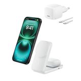 Belkin UltraCharge MagSafe Uyumlu 2’si 1 Arada Qi2 25W Kablosuz Şarj İstasyonu, iPhone 16, AirPods, Pixelsnap, Dönüştürülebilir Masaüstü Standı, USB-C Portlu, 45W Adaptör, Beyaz
