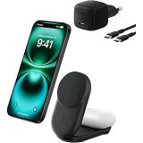 Belkin UltraCharge MagSafe Uyumlu 2’si 1 Arada Qi2 25W Kablosuz Şarj İstasyonu, iPhone 16, AirPods, Pixelsnap, Dönüştürülebilir Masaüstü Standı, USB-C Portlu, 45W Adaptör, Siyah