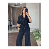 BELLA FASHION Belden Bağcıklı Kısa Kollu Siyah Fermuarlı Ceket Pantolon Takım