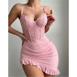 Bella Notte 2 Parça Toz Pembe Fırfırlı Tanga ve Gecelik