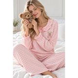 BELLA NOTTE Kadın Pembe Ekose Desenli Fırfır Yaka Uzun Kollu Pijama Takımı