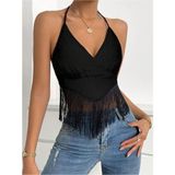 Bella Notte Kadın Siyah Püsküllü Crop Bluz
