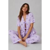 BELLA NOTTE Pamuklu Lila Çizgili Fiyonk Desenli Bağlama Detaylı Kadın Pijama Takımı