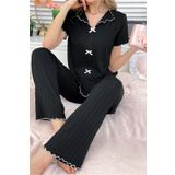 BELLA NOTTE Pamuklu Siyah Fitilli Mevsimlik Kadın Pijama Takımı