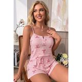 Bella Notte Yazlık Pembe Ekose Desenli Fiyonk Detaylı Askılı Şortlu Kadın Pijama Takımı - XL