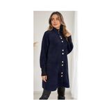 BELLA VESTE ATELİER Kadın Haki Dik Yaka Düğme Detaylı Yumuşak Dokulu Peluş Triko Uzun Hırka/Tunik