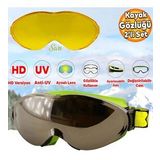 Bellasimo Kayak Gözlüğü Değiştirebilir Camlı Antifog Güneş Kar Gözlük Gümüş Snowboard Glasses Gözlük+1 Adet Yedek Cam (Sarı)