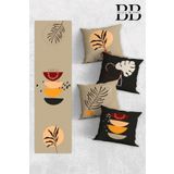 Belle Benoit Modern Tasarım Çift Tarafı 3D Dijital Baskılı Dekoratif 4'lü Koltuk Kırlent Kılıfı ve 140x40 Amerikan Runner Servis Seti. (Antrasit Bej Bohem)