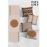 Belle Benoit Modern Tasarım Çift Tarafı 3D Dijital Baskılı Dekoratif 4'lü Koltuk Kırlent Kılıfı ve 140x40 Amerikan Runner Servis Seti. (Kahverengi Bohem)