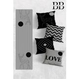 Belle Benoit Modern Tasarım Çift Tarafı 3D Dijital Baskılı Dekoratif 4'lü Koltuk Kırlent Kılıfı ve 140x40 Amerikan Runner Servis Seti. (Siyah Gri)