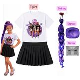 Bemora Kids Kız Çocuk Kpop Baskılı Huntrix Iblis Avcıları Baskılı Tişört + Siyah Şort Etek +Rumi Mor Simli Saç +Yüz Taşı+Saç Tozu Set Parti Doğum Günü Kız Çocuk Giyim - 11 - 12 Yaş - Çok Renkli