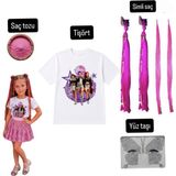 Bemora Kids Kpop Baskılı Tişört T-Shirt + Pembe Mira Simli Saç + Yüz Taşı + Pembe Saç Tozu 4 Lü Set Doğum Günü Parti - Çok Renkli - 9 - 10 Yaş
