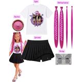 Bemora Kids Kpop Baskılı Tişört T-Shirt + siyah şort Etek + Pembe Mira Simli Saç + Yüz Taşı + Pembe Saç Tozu 5li Set Doğum Günü Parti - 9 – 10 Yaş