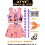 Bemora Kids Kpop Demon Huntrix Somon - Turuncu Renk Şort Etek - Bluz Büstiyer - Turuncu File Eldiven - Lila Babble Saç - Yüz Taşı Seti - Kpop Topuklu Ayakkabı Seti - 5 - 6 Yaş