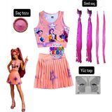 Bemora Kids Kpop Huntrix Pembe Etek Bluz Alt Üst 2 Li Takım Şort Etek + Kpop Huntrix Mira Pembe Simli Saç + Yüz Taşı + Pembe Saç Tozu Seti - 5 - 6 Yaş