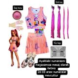 Bemora Kids Kpop Huntrix Pembe Etek Bluz Alt Üst 2 Li Takım Şort Etek +Mira Pembe Simli Saç + Yüz Taşı + Pembe Saç Tozu+ Eldiven + Kpop Ayakkabı Seti - 3 - 4 Yaş