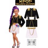Bemora Kids Kpop Huntrix Rumi Iblis Avcıları Kostüm Etek Ceket Büstiyer Bluz Yüz Taşı Doğum Günü Parti - 7 - 8 Yaş - Siyah - Beyaz