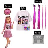 Bemora Kids Kpop Mira Huntrix Iblis Avcıları Baskılı Tişört Mira Pembe Simli Saç +Yüz Taşı+Saç Tozu Parti Doğum Günü - 9 - 10 Yaş
