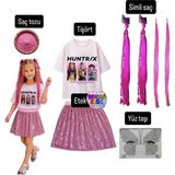 Bemora Kids Kpop Mira Huntrix Iblis Avcıları Baskılı Tişört+Pembe Pullu Etek + Mira Pembe Simli Saç +Yüz Taşı+Saç Tozu Parti Doğum Günü - 11 - 12 Yaş