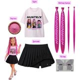 Bemora Kids Kpop Mira Huntrix Iblis Avcıları Baskılı Tişört+siyah şort Etek + Mira Pembe Simli Saç +Yüz Taşı+Saç Tozu Parti Doğum Günü - 11 - 12 Yaş