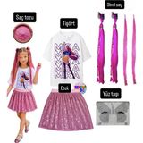 Bemora Kids Kpop Mira Iblis Avcıları Baskılı Tişört+Pembe Pullu Etek + Mira Pembe Simli Saç +Yüz Taşı+Saç Tozu Parti Doğum Günü - 11 - 12 Yaş