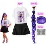 Bemora Kids Kpop Rumi Baskılı Huntrix Iblis Avcıları Baskılı Tişört + Etek +Rumi Mor Simli Saç +Yüz Taşı+Saç Tozu Set Parti Doğum Günü - 7 - 8 Yaş